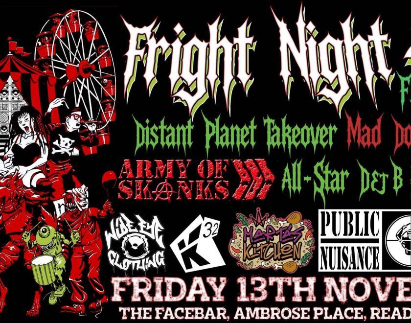Event psoter with lots of band logos and freaky funfair illustrations