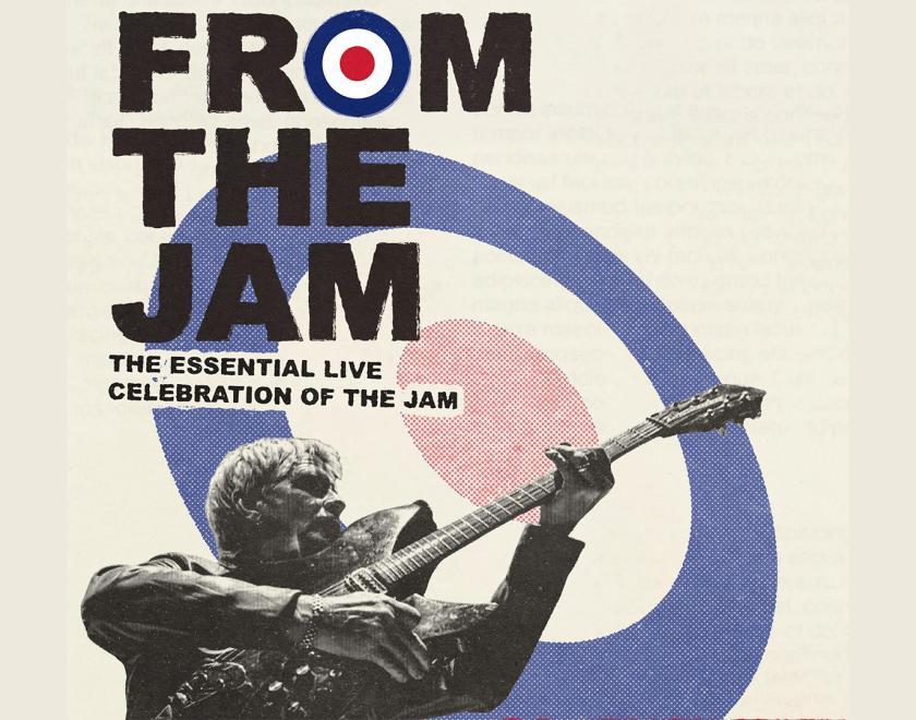 Poster with a man holding a Rickenbacker guitar like a rifle under the band's logo