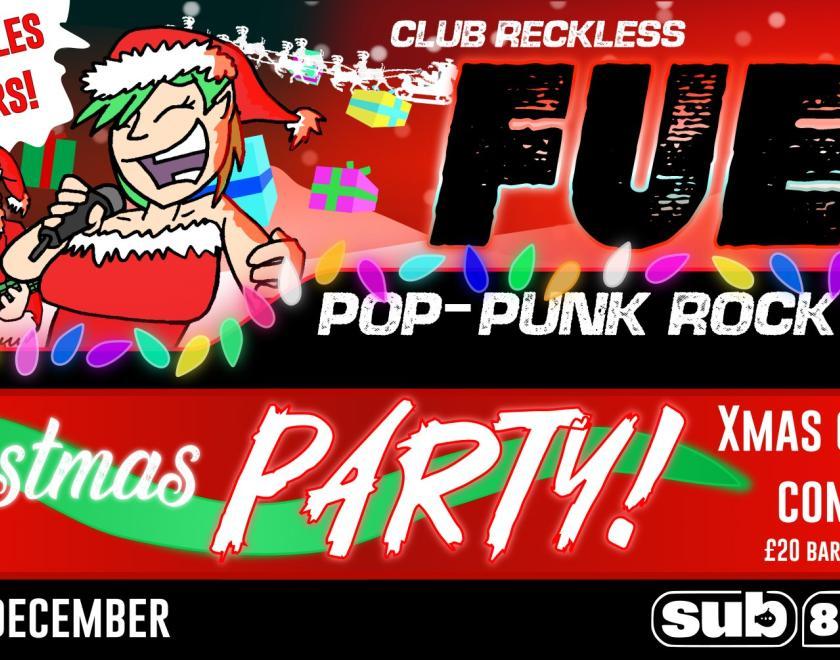 FUEL Christmas party logo with cartoon images of Santa with a guitar and a female elf singing