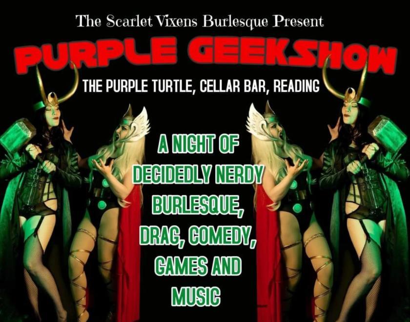 poster for The Purple Geekshow featuring female burlesque dancers dressed in sexy versions of Thor and Loki's outfits