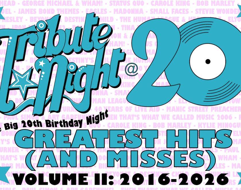 Poster for Tribute Night’s Greatest Hits (and Misses) Vol.2: 2016-2026 with info about the night and a big 20 logo with the 0 stylised to look like an LP record