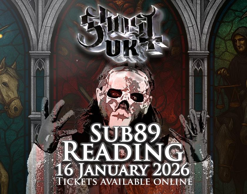 photo of a man in a mask and a sparkly outfit in front of AI artwork of stained-glass windows