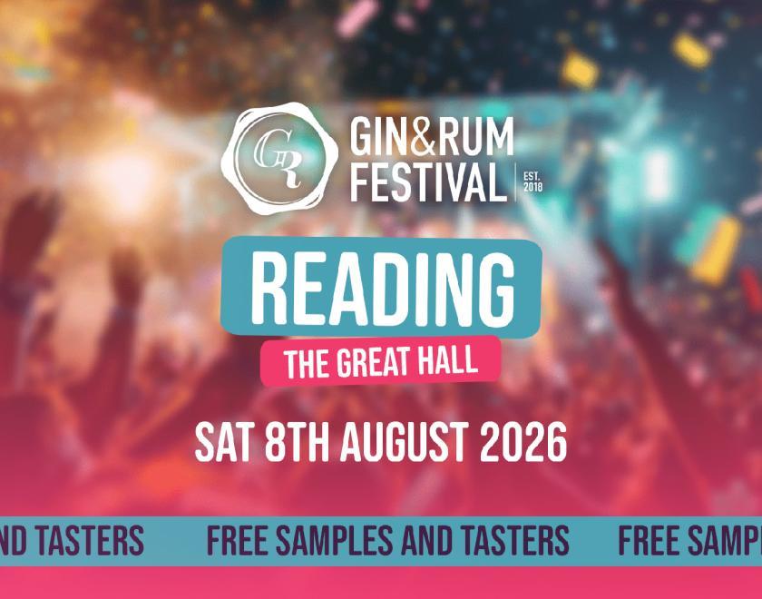 Reading Gin & Rum Festival logo over an out-of-focus image of people at a festival