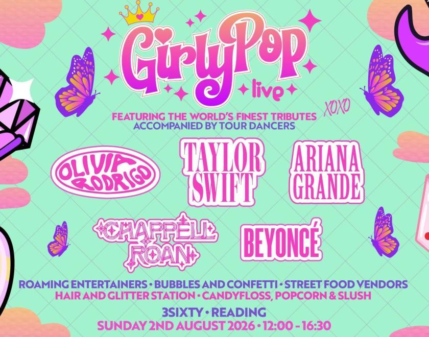 Event poster with logos for GirlyPop Live and the artists being tributed, surrounded by artwork of guitars, dice, butterflies and more in pastel pink and turquoise