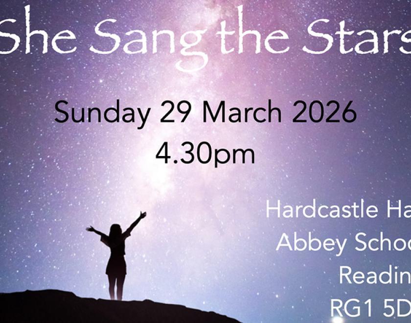 Poster with a photo of a silhouetted female figure standing atop a hill against a bright starry sky