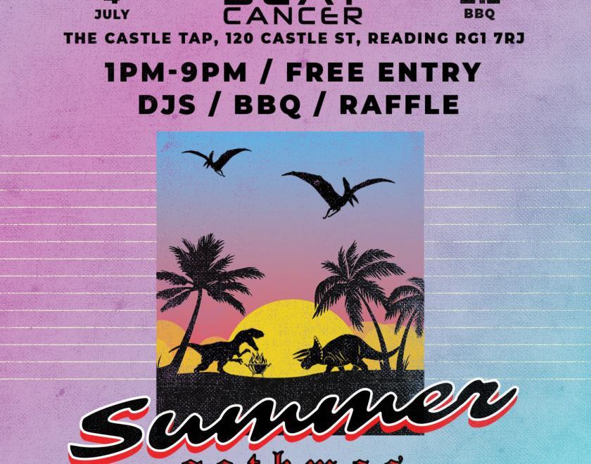 Event poster with artwork of dinosaurs and palm trees in silhouette