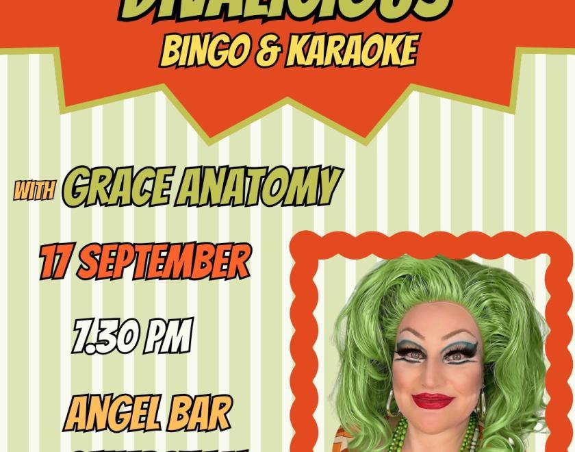 Poster for Divalicious Bingo & Karaoke with photo of drag queen Grace Anatomy