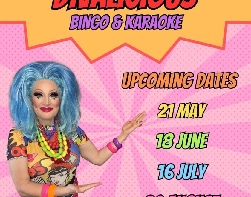 Poster for Divalicious Bingo & Karaoke with photo of drag queen Grace Anatomy