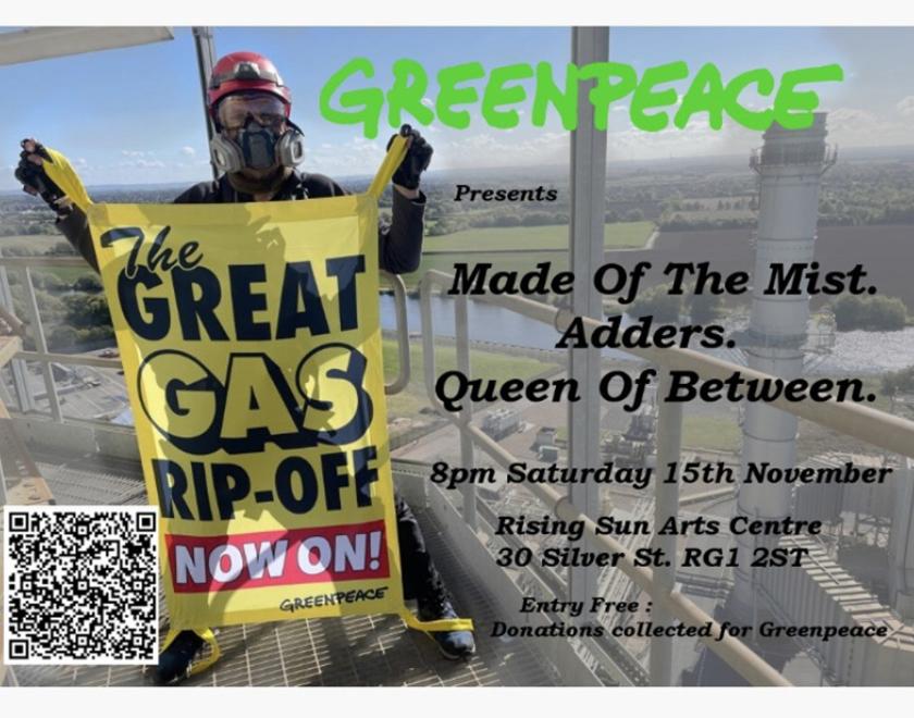 Photo of a Greenpeace protester holding a banner saying "the Great Gas Rip off"