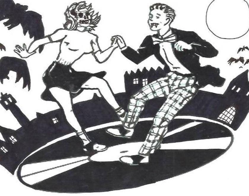 Cartoon drawing of two dancers in fancy dress dancing on a record