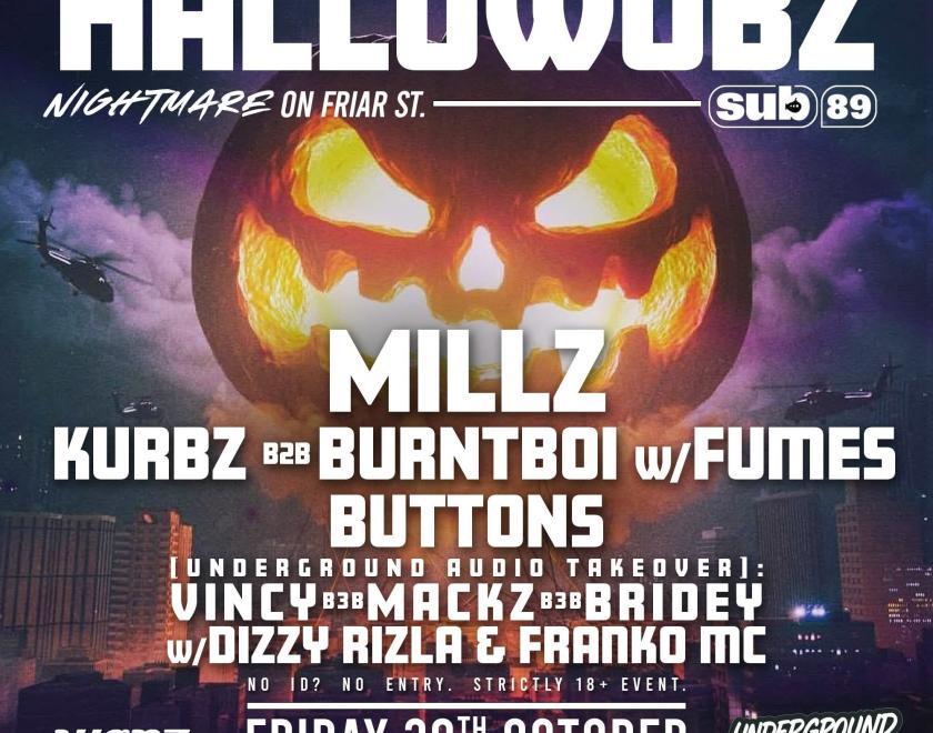 Event poster with list of the artists performing over an image of a jack o'lantern