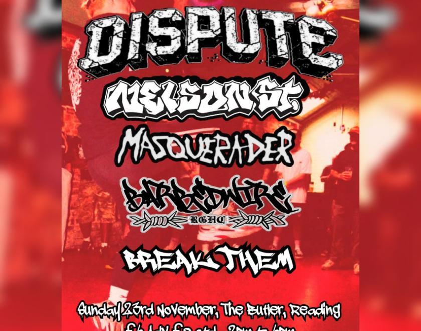 Harcore matinee poster with band logos in hard-to-read fonts