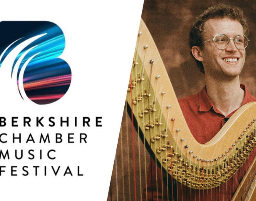 Berkshire Chamber Music Festival logo next to a photo of harpist Oliver Wass