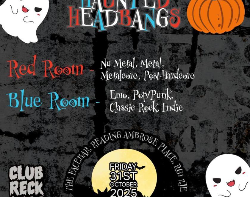 Poster for Club Reckless: Haunted Headbangs with details about the event and cartoon ghosts and pumpkins