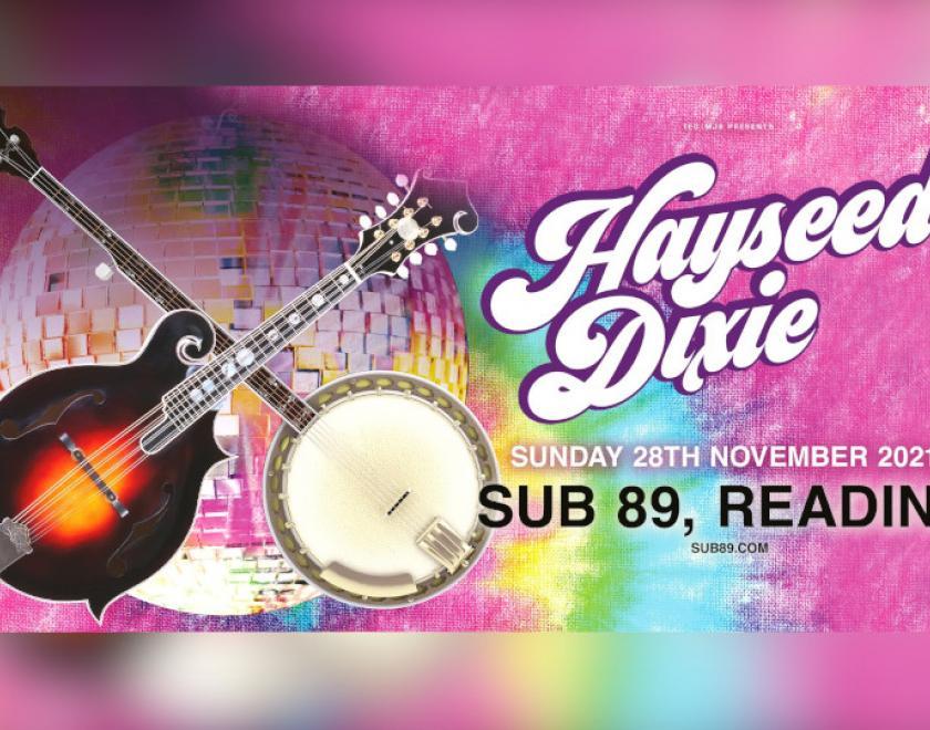 Hayseed Dixie at Sub89 poster featuring mandolin and banjo