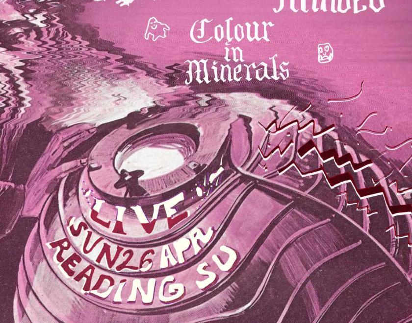 Hand-painted gig poster with a scientist looking at some sort of sphere, with details of the event 