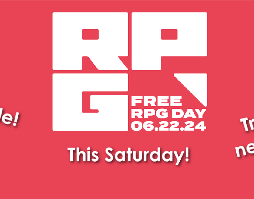 red banner with free rpg day logo and other text talking about free stuff, raffle, and games