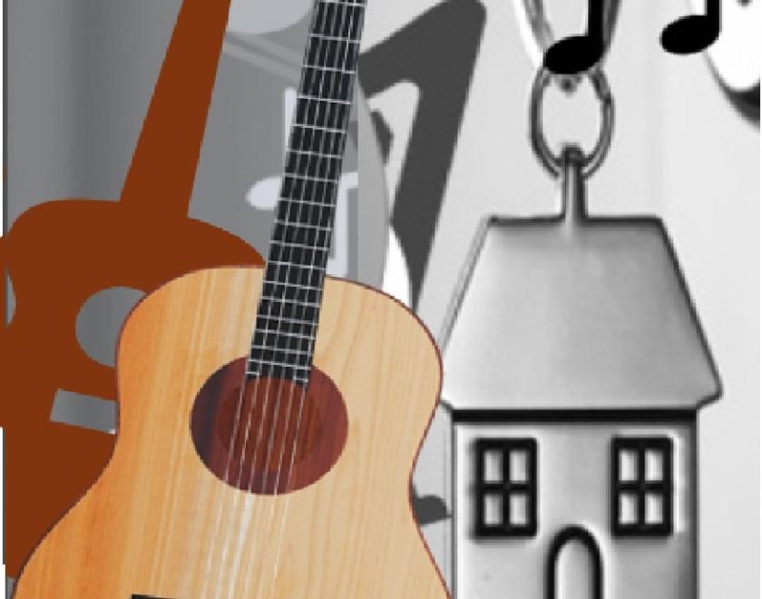 Collage image of guitars, a key fob in the shape of a house and musical notes