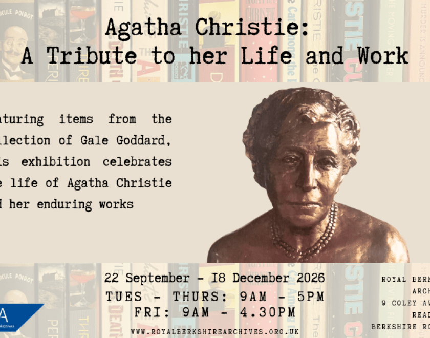 Poster advertising the exhibition. Text reads "Featuring items from the collection of Gale Goddard this exhibition celebrates the life of Agatha Christie and her enduring works."
