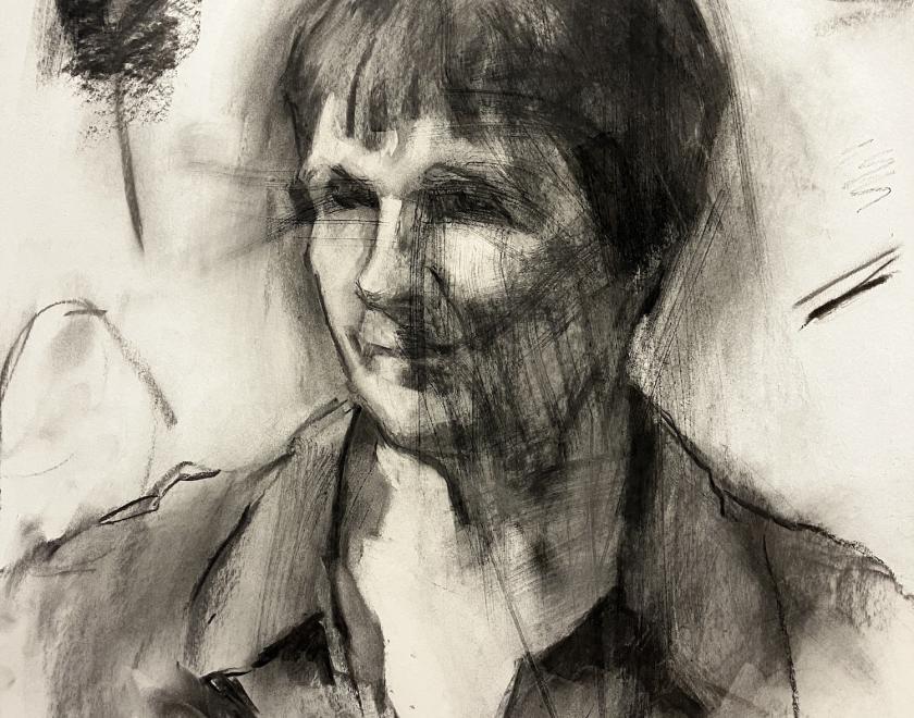 charcoal drawing of a woman with short hair wearing a short