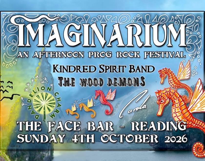 Event poster with band logos and psychedelic imagery of mountains and seahorses