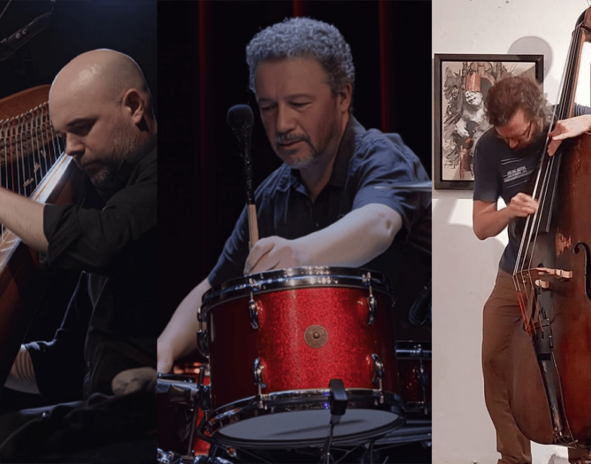 Rhodri Davies playing a harp, Mark Sanders playing the drums and Dominic Lash playing the double bass