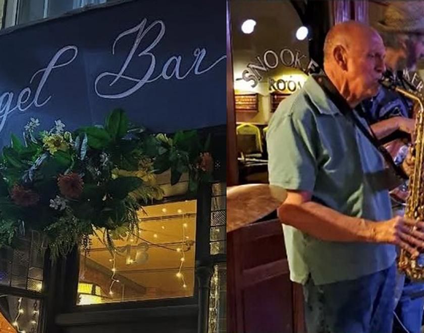 A photo of the sign outside the Angel Bar, and a photo of sax player Joe Carey