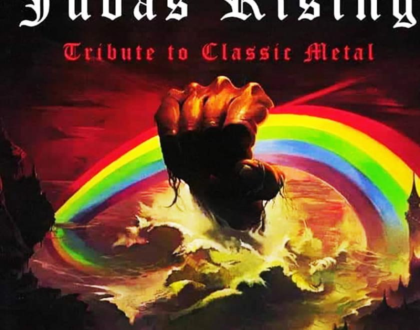 Judas Rising logo, a painted image of a giant fist smashing through a mountain and grabbing a rainbow