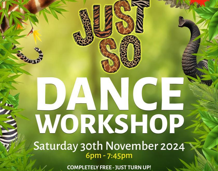 poster for SPT's Just So dance workshop with the show's logo against a painted jungle background