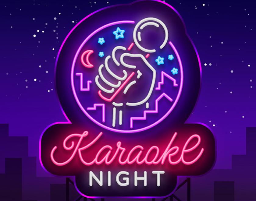 artists rendition of a neon light shaped like a microphone saying "karaoke night"