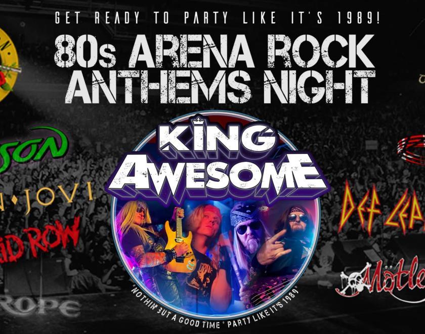 Poster featuring images of band members, logos of 80s hair metal bands and header "80s arena rock anthems night"