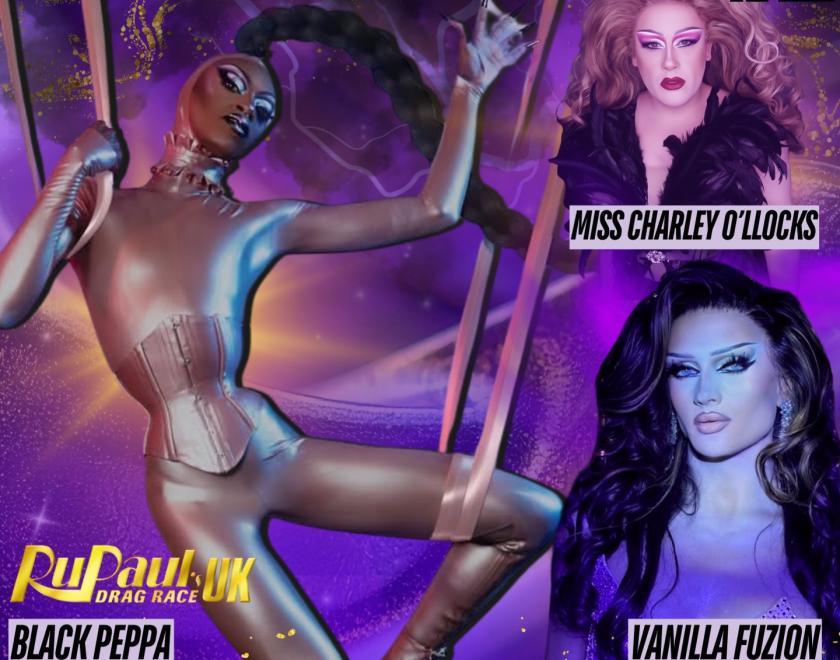 Poster for Kream Cabaret Drag Night with three drag queens in sexy outfits
