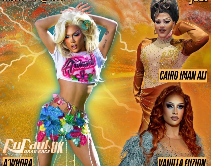Poster for Kream Cabaret Drag Night with drag queens in sexy outfits