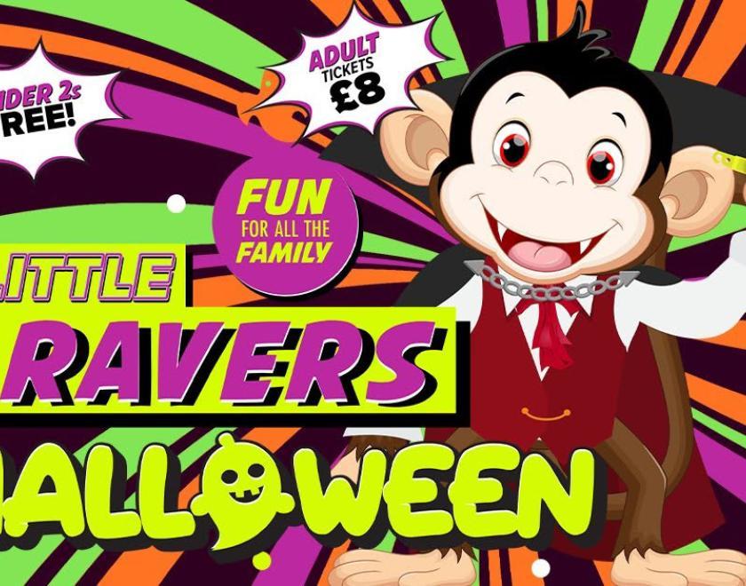 Poster for Little Ravers: Halloween Special with a cartoon monkey against a kaleidoscopic background