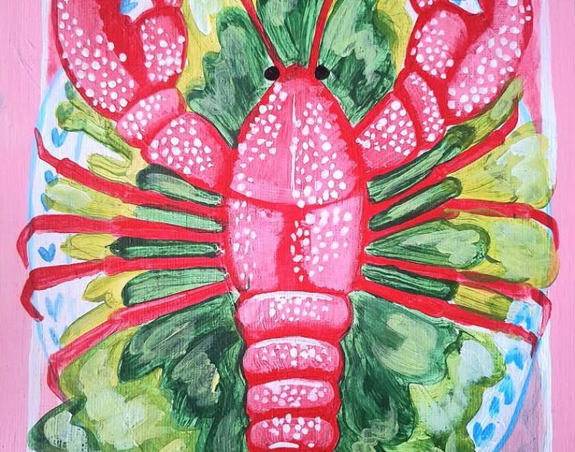 Painting of a lobster on a plate of salad