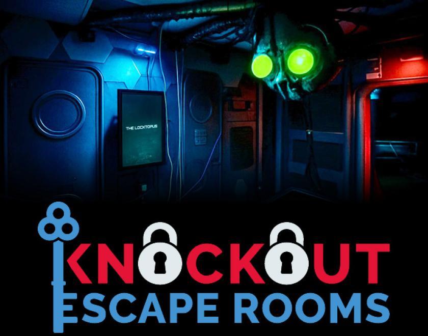 Poster showing a glowing-eyed octopus creature in an escape room
