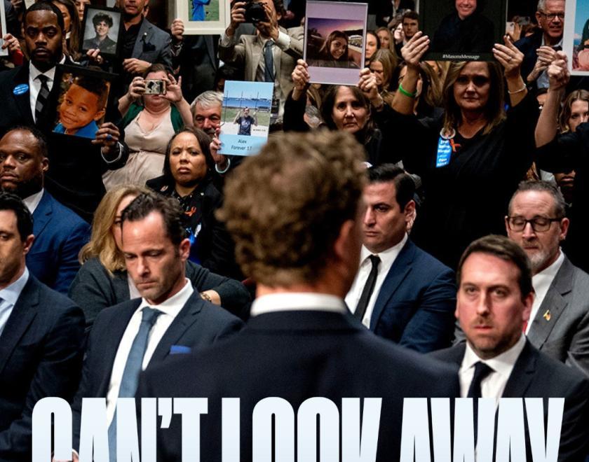 Poster for Can't Look Away, with a photo of a police press conference