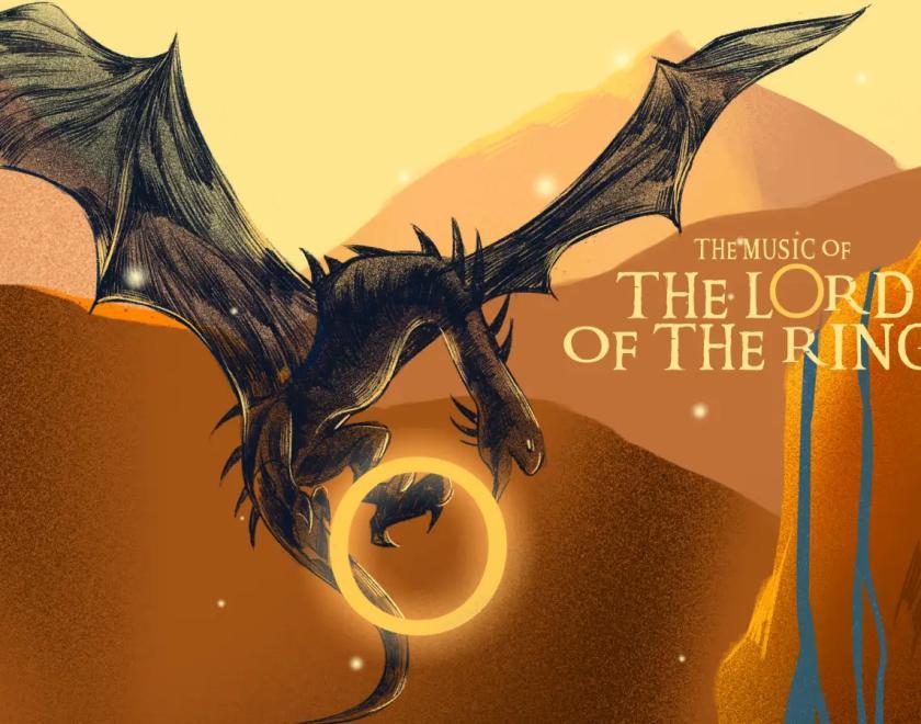 Artwork of a large dragon flying and holding a big glowing ring in its talons