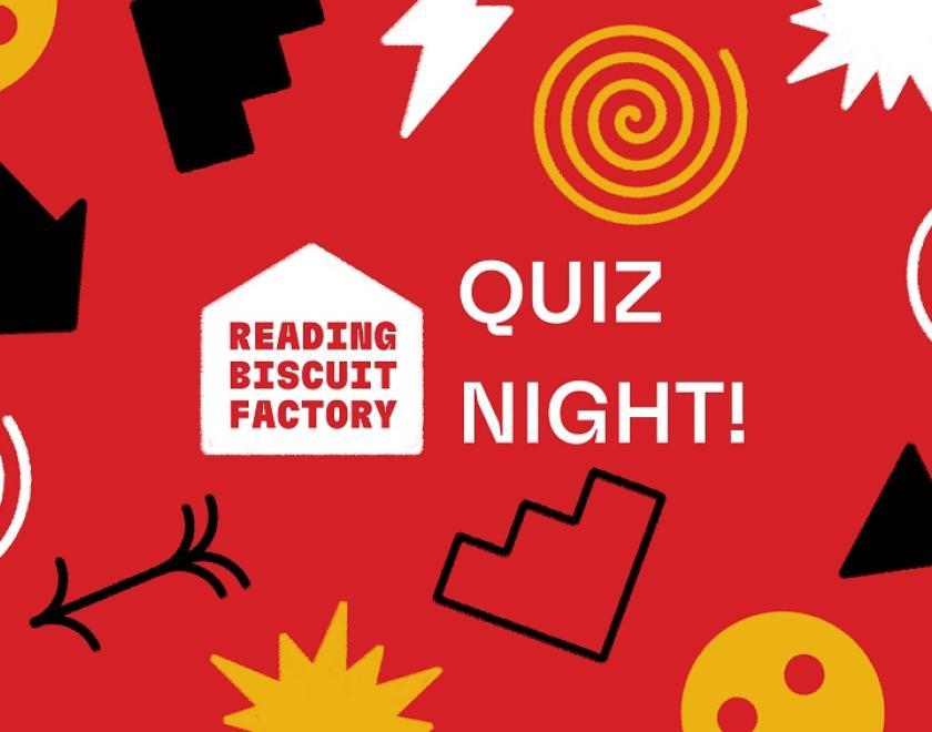 reading biscuit factory logo on red background with QUIZ NIGHT