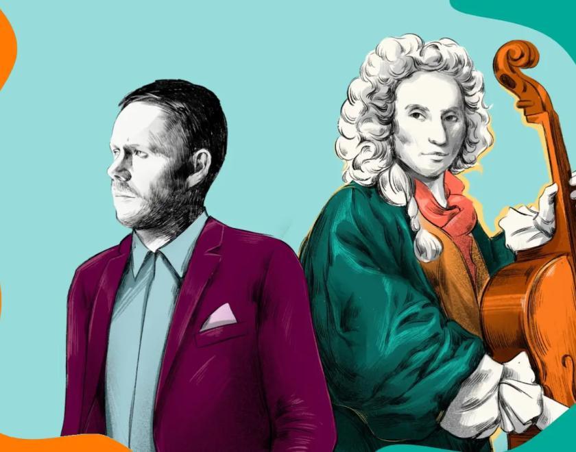 High contrast artwork of compsers Max Richter and Vivaldi