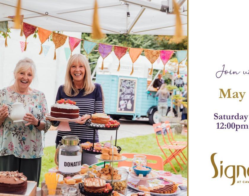 Poster for Signature at Caversham's May Fayre with two women by a stack of cakes
