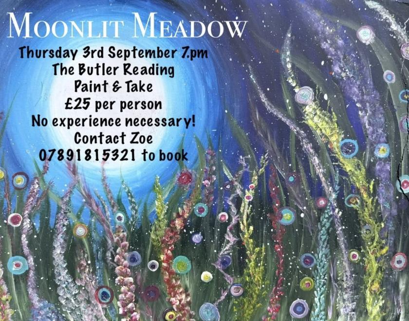 Painting of a meadow in moonlight