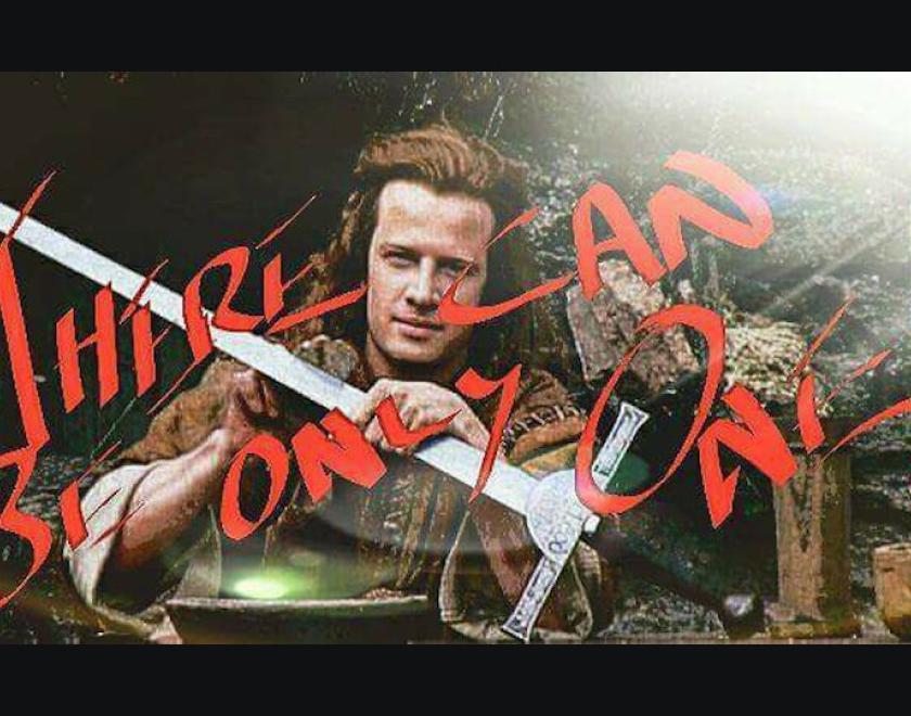 Duncan McLeod from Highlander holding a sword with "there can be only one" in cursive font