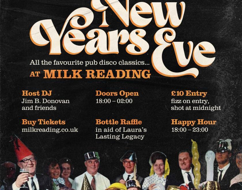 Poster for New Year's Eve event designed to look like a vintage LP cover, with a miscellany of vintage photos of party-goers from the 60s and 70s