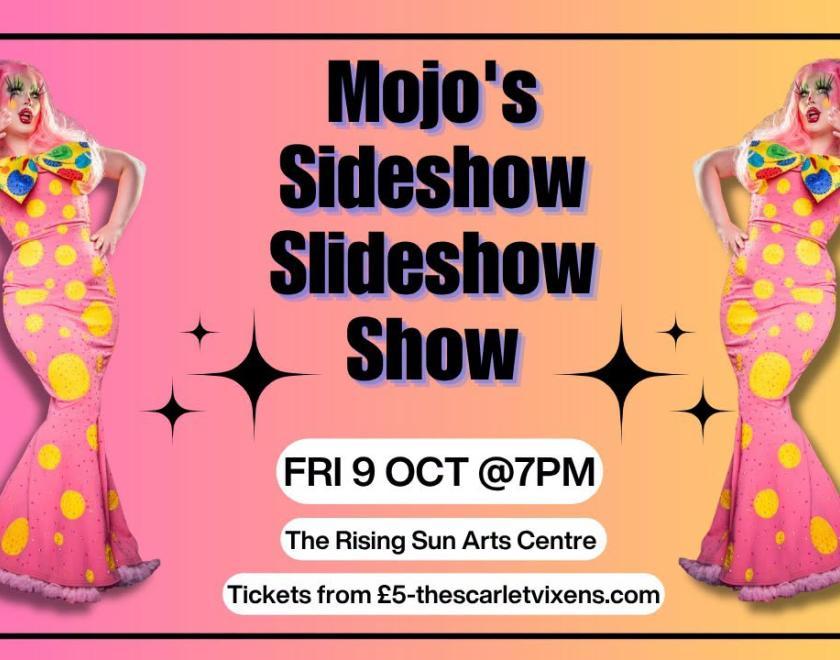 Two mirrored images of Mojo Jones in a Mr Blobby-inspired cocktail dress