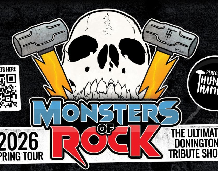 The Monsters of Rock logo with a skull and two hammers, plus logos of various rock bands including Van Halen and AC/DC