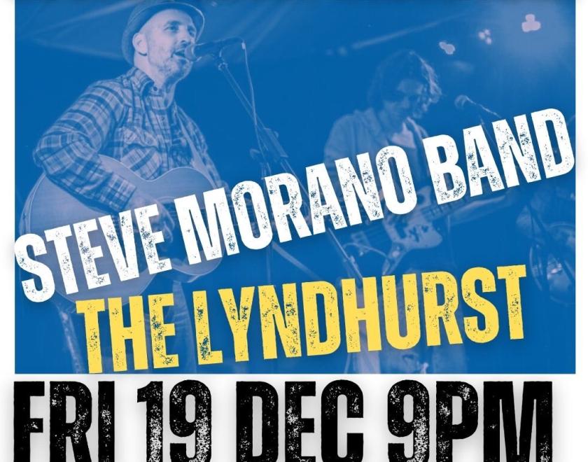 Event poster with Steve Morano playing guitar and Kian on bass next to him