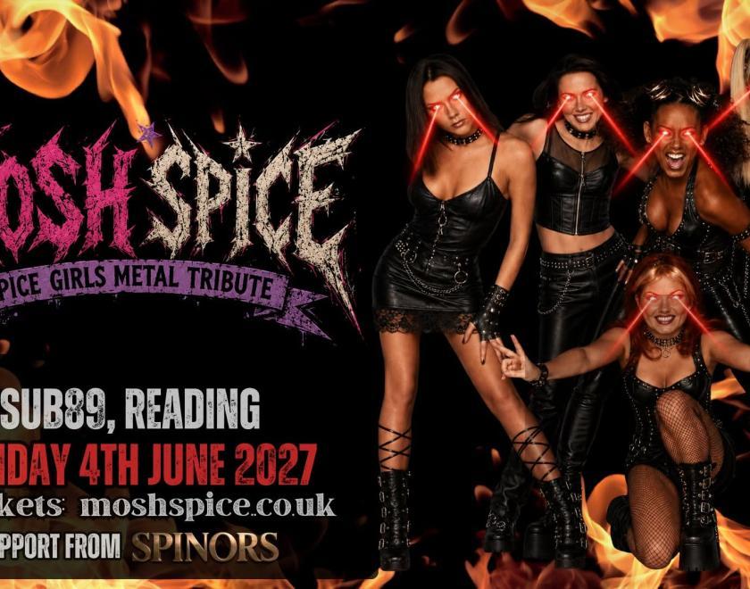 AI-generated poster with an image of the Spice Girls altered to be wearing leather metal-style versions of their usual outfits