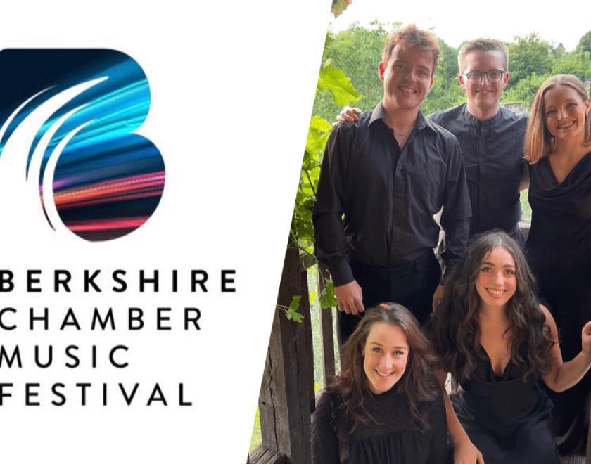 BERKSHIRE CHAMBER MUSIC FESTIVAL logo next to a five chamber musicians dressed all in black