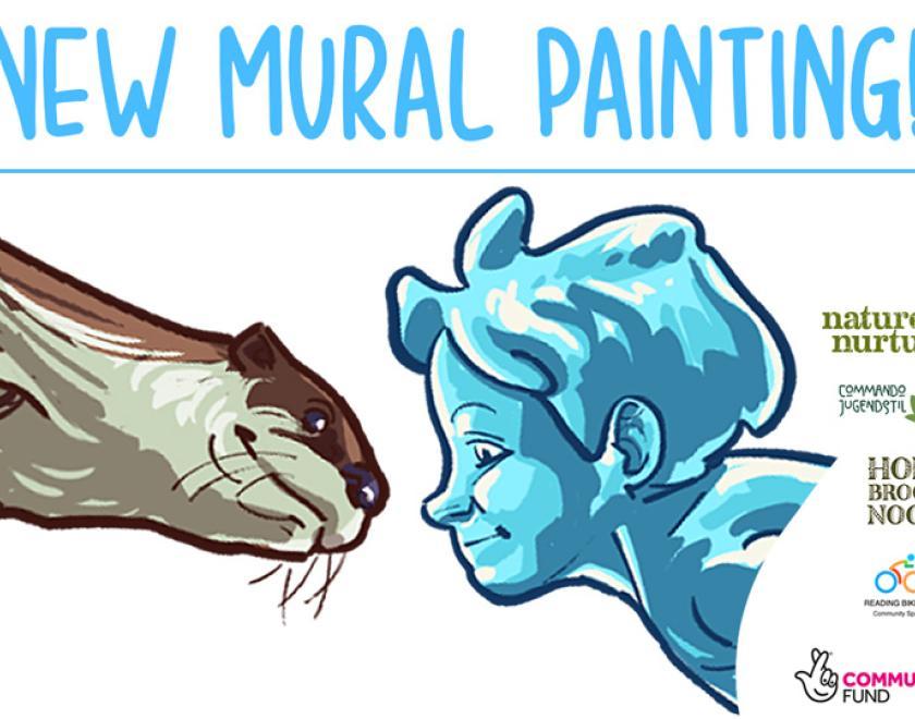 Artwork of an otter and a child made of water